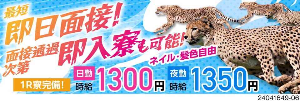 チーターも驚くスピード感！最短即日面接、即入寮可能！日勤＆軽作業で時給1500円！50代の男女活躍中