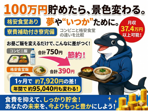 「100万」貯めたら、景色変わる。夢や“いつか”のために。｜格安食堂あり｜寮費補助付き寮完備