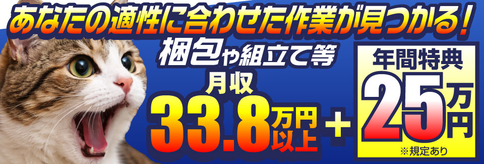 バッテリーの組立やチェック・梱包で月収33.8万円！寮費無料×家具・家電付＜年間総額特典25万円＞